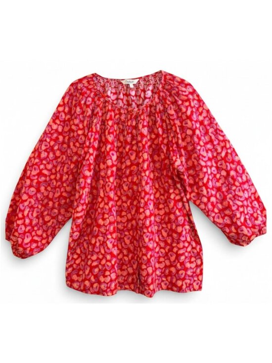 Tucker Silk Blend Coral Hugs & Kisses Smocked Boho Print Blouse L Designer - Picture 1 of 8